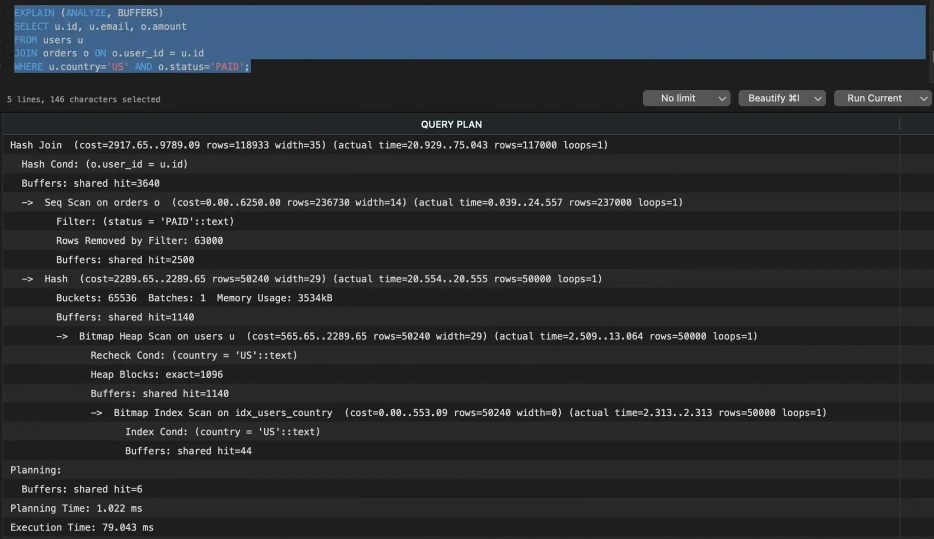 EXPLAIN ANALYZE query plan output